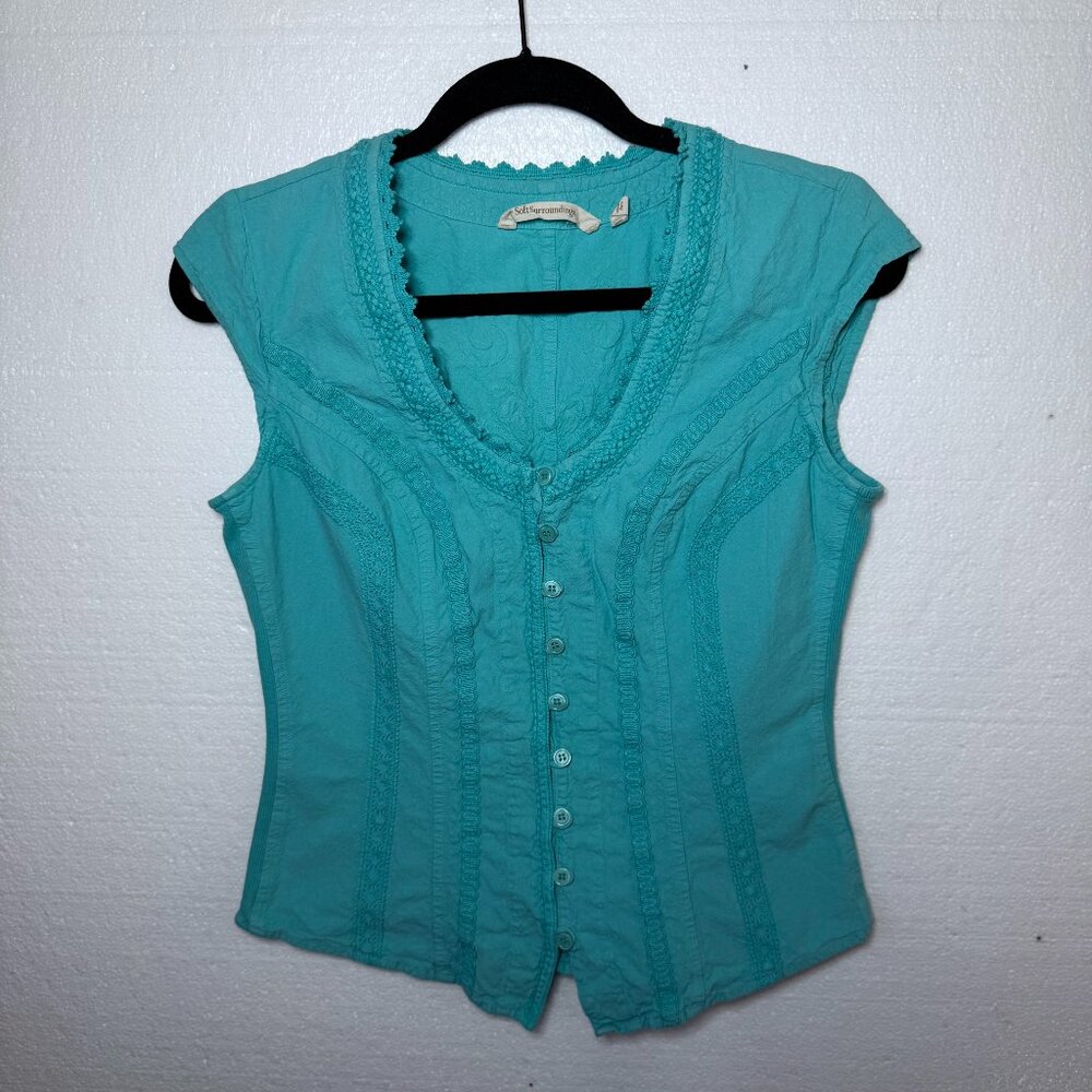 Soft Surroundings Womens Petite XS Blue Crochet Boho Top Lace Embroidered Button
